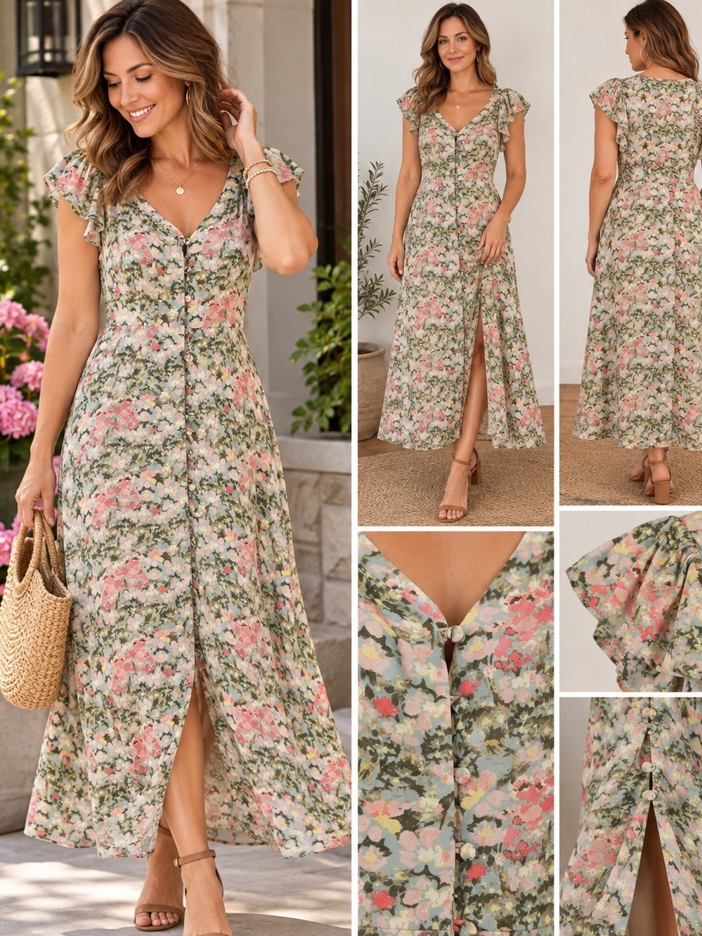 LOFT Petites 2P Floral Button Front Midi Dress Ruffle Sleeve Rayon Cottagecore